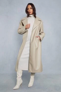 Leather Look Belted Trench Coat -Ladies Clothing Shop stone leather look belted trench coat 5