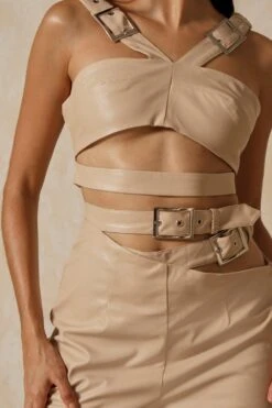 Leather Look Buckle Detail Trouser -Ladies Clothing Shop stone leather look buckle detail trouser 3