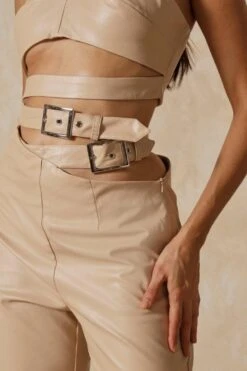 Leather Look Buckle Detail Trouser -Ladies Clothing Shop stone leather look buckle detail trouser 5