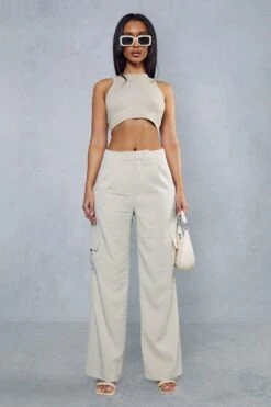 Linen Look Cargo Pocket Straight Leg Trouser -Ladies Clothing Shop stone linen look cargo pocket straight leg trouser 3