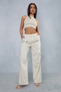 Linen Look Cargo Pocket Straight Leg Trouser -Ladies Clothing Shop stone linen look cargo pocket straight leg trouser 4