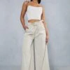 Linen Look Paper Bag Waist Wide Leg Trouser -Ladies Clothing Shop stone linen look paper bag waist wide leg trouser