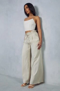 Linen Look Paper Bag Waist Wide Leg Trouser -Ladies Clothing Shop stone linen look paper bag waist wide leg trouser 3
