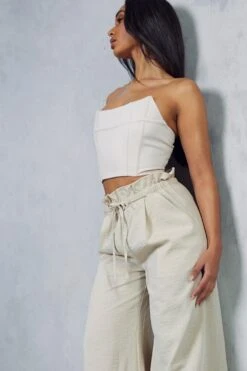 Linen Look Paper Bag Waist Wide Leg Trouser -Ladies Clothing Shop stone linen look paper bag waist wide leg trouser 4