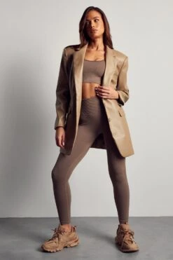 Longline Leather Look Blazer -Ladies Clothing Shop stone longline leather look blazer 3