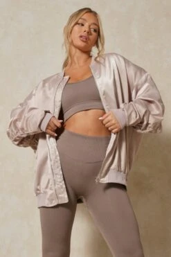 Oversized Shoulder Pad Detail Satin Bomber