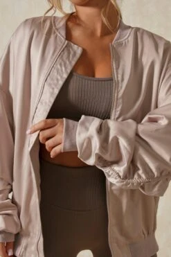 Oversized Shoulder Pad Detail Satin Bomber -Ladies Clothing Shop stone oversized shoulder pad detail satin bomber 3