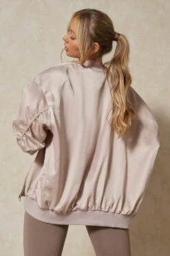Oversized Shoulder Pad Detail Satin Bomber -Ladies Clothing Shop stone oversized shoulder pad detail satin bomber 4
