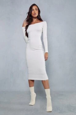 Premium Brushed Rib Shaped Off The Shoulder Midi Dress