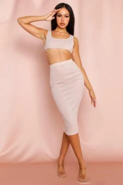 Ribbed Scoop Crop And Midi Skirt Set