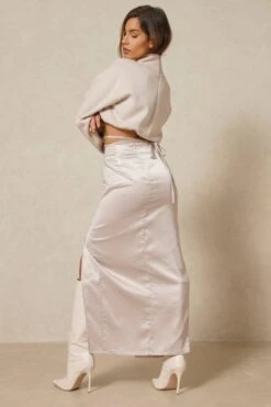 Satin Split Leg Tie Maxi Skirt -Ladies Clothing Shop stone satin split leg tie maxi skirt 2
