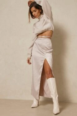 Satin Split Leg Tie Maxi Skirt