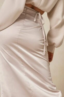Satin Split Leg Tie Maxi Skirt -Ladies Clothing Shop stone satin split leg tie maxi skirt 4