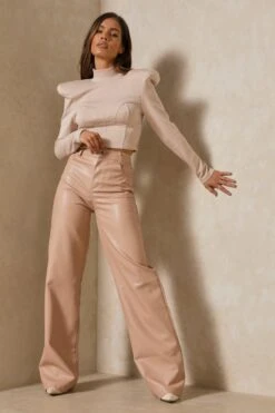 Wide Leg Leather Look Trousers -Ladies Clothing Shop stone wide leg leather look trousers 4