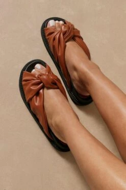 Knot Front Sliders -Ladies Clothing Shop tan knot front sliders 2