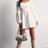 Poplin Ruched Front Long Sleeve Dress -Ladies Clothing Shop white poplin ruched front long sleeve dress