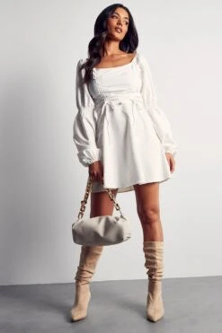 Poplin Ruched Front Long Sleeve Dress