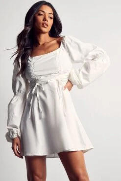 Poplin Ruched Front Long Sleeve Dress -Ladies Clothing Shop white poplin ruched front long sleeve dress 4