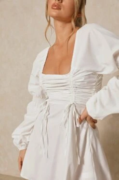 Poplin Ruched Front Long Sleeve Dress -Ladies Clothing Shop white poplin ruched front long sleeve dress 5