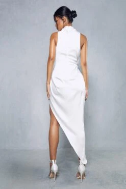 Premium Satin Grown On Neck Draped Midi Dress -Ladies Clothing Shop white premium satin grown on neck draped midi dress 2
