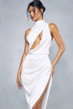Premium Satin Grown On Neck Draped Midi Dress -Ladies Clothing Shop white premium satin grown on neck draped midi dress 4