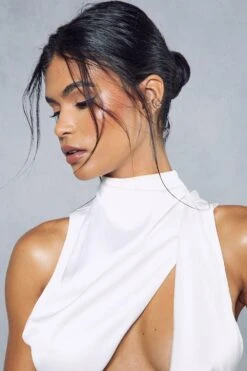 Premium Satin Grown On Neck Draped Midi Dress -Ladies Clothing Shop white premium satin grown on neck draped midi dress 5