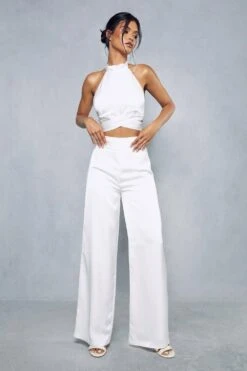 Premium Satin Pleated Waist Wide Leg Trouser -Ladies Clothing Shop white premium satin pleated waist wide leg trouser 3